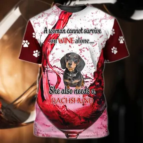 3D Dog T Shirts, A Woman Cannot Survive Dachshund All Over Print T-Shirt, Gift For Pet Loves