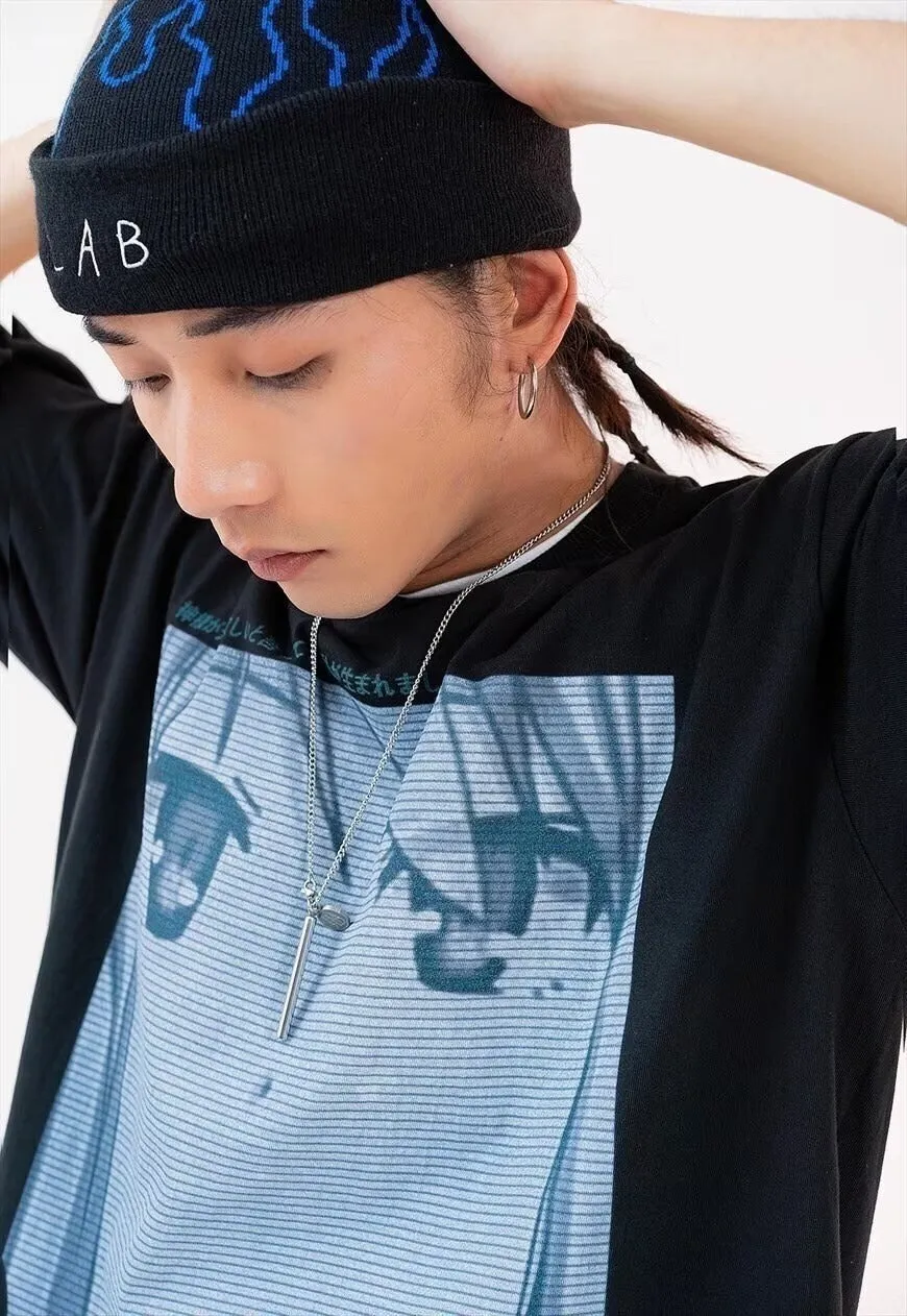 Anime print t-shirt Korean cartoon tee grunge top in black