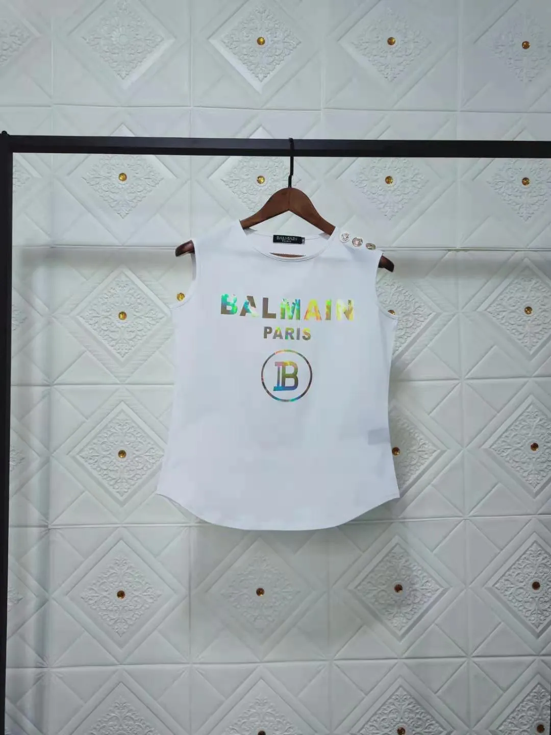 T Shirt Balmain Spring/Summer Cotton round Neck Gold Buckle Sleeveless Vest T-shirt for Women