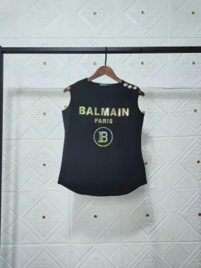 T Shirt Balmain Spring/Summer Cotton round Neck Gold Buckle Sleeveless Vest T-shirt for Women