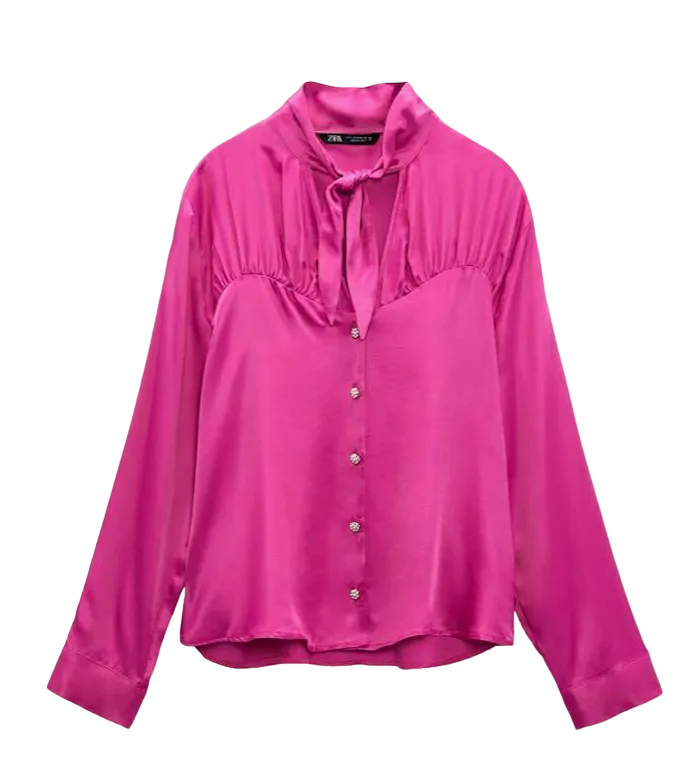 ZARA Pink Satin Blouse With Pearl Detail Buttons BNWT UK S